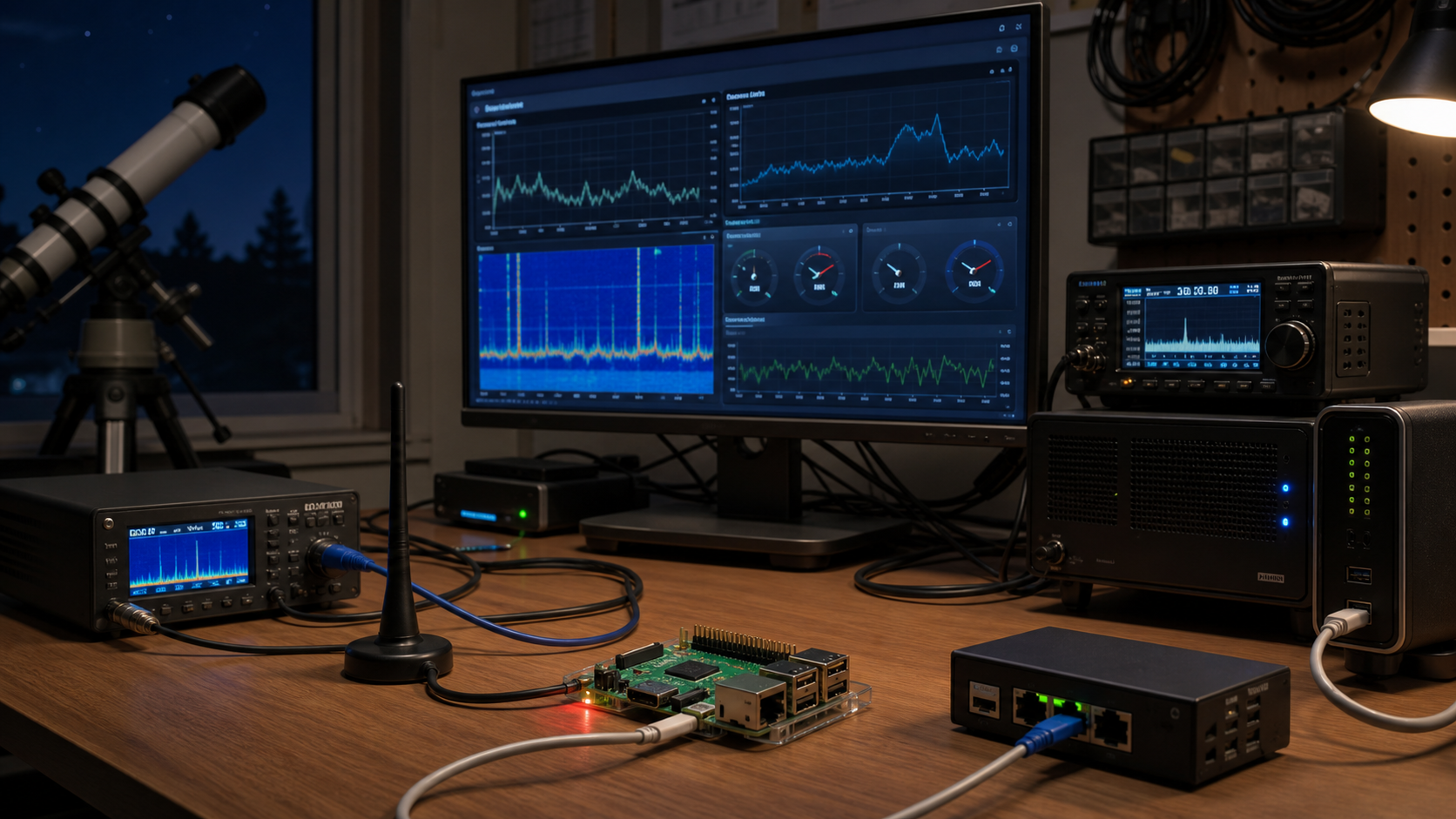 Observatory workbench with Raspberry Pi telemetry and radio monitoring equipment